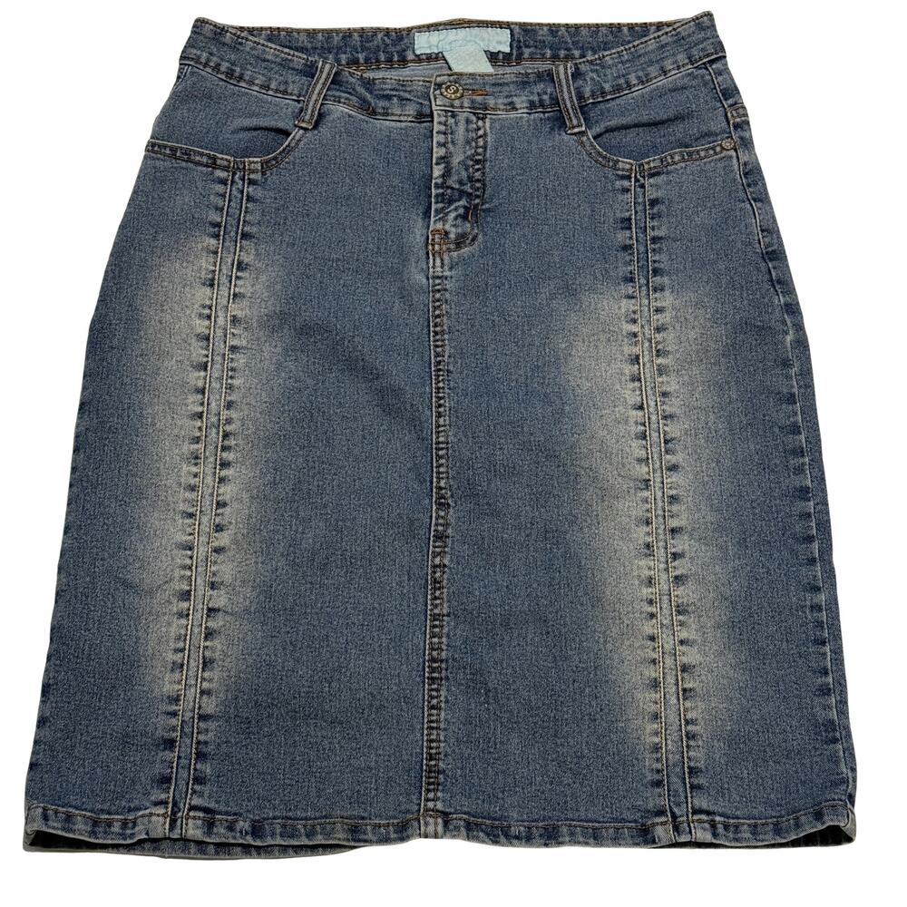 Y2K Denim Midi Skirt Size 7/8 Blue Wash Stretch Jean Skirt Back Slit